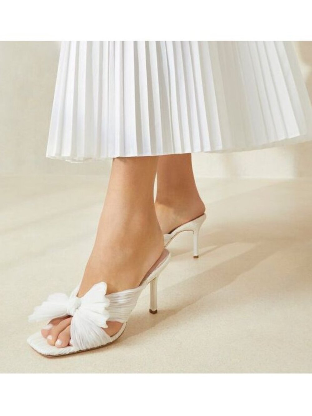 Loeffler Randall Claudia Pleated Bow Mule SANDALS Size 6 Pearl White NEW $395
